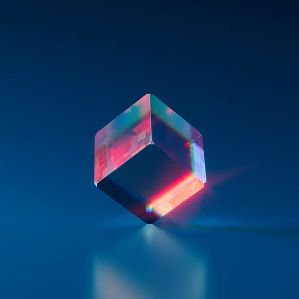 A blue/red cube standing with on of its edges.